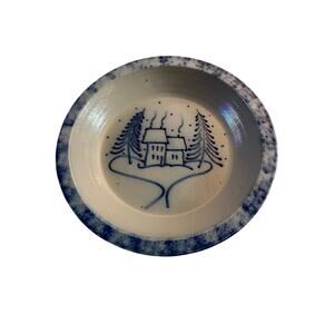 Eldreth Salt Glazed Pottery 8" Pie Dish Winter Cottage Cabin 1997 Signed
